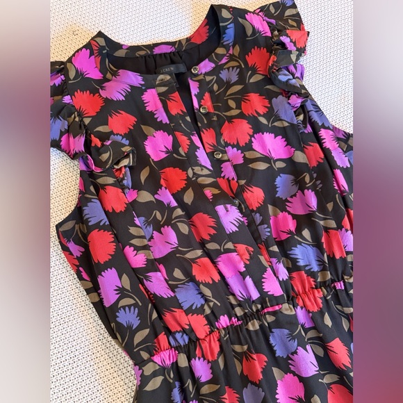 J. CREW 100% Silk Floral Midi Dress w Ruffle Sleeves - Red, Purple, Black - Picture 6 of 13